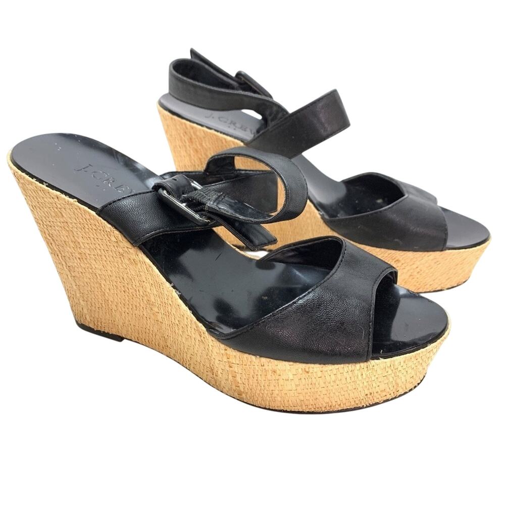 J Crew Womens Open Toe Black Wedge Platform Sandals Shoes Heels Slingback sz 6